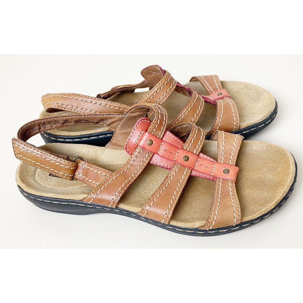 CLARKS Collections Women's Size 7 Leisa Daisy Flat Sandals Tan Brown GUC